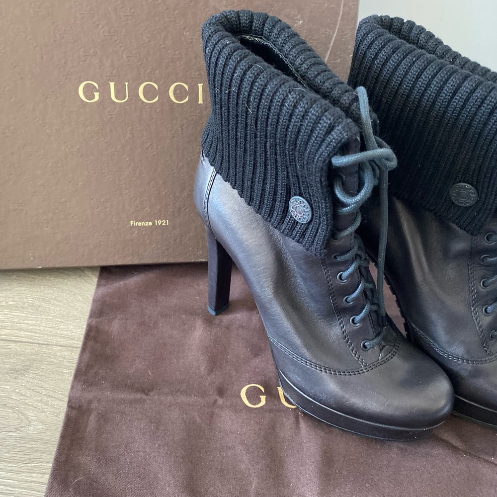 Authentic Gucci Saddle soft/wool Rib high heeled boots